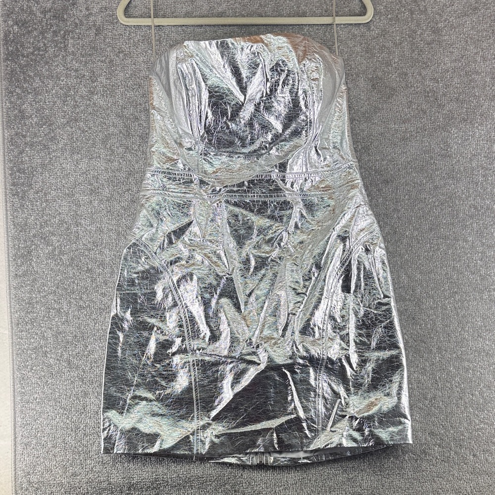 A Peach Strapless Silver Minu Dress Juniors L Metallic Alien Costume Futuristic